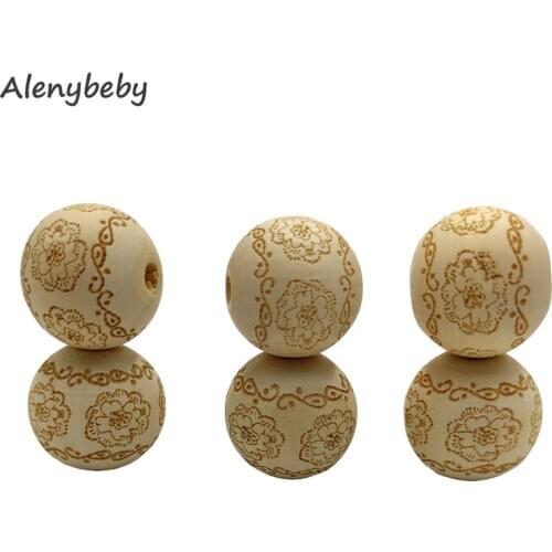 Engraving Printing Wooden Round Beads Teether Loose Natural Wood Ball Jewelry Making Bracelet Necklace DIY Teething Accessories