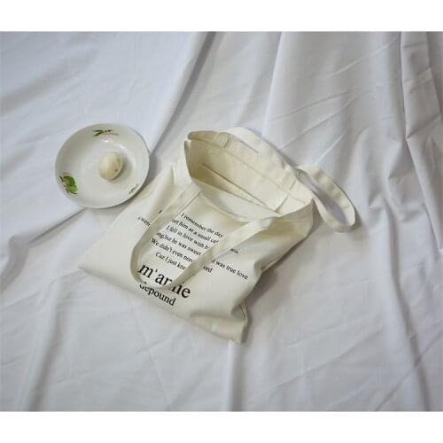 Women Canvas Shoulder Bag Reusable Shopping Bag Fabric Cotton Cloth Handbags Tote With Zipper Letter Printed Bags Black White