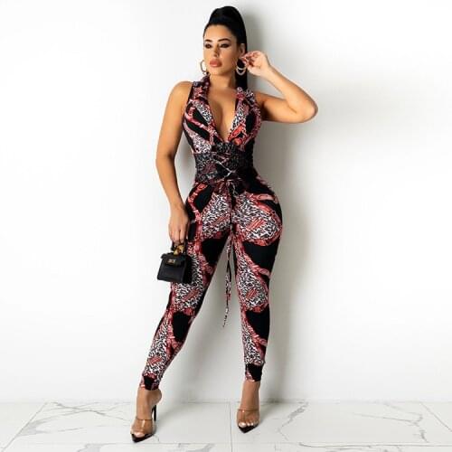 2021 New Arrival Famous Brand Jumpsuits Patchwork Bandage V-neck Sleeveless Summer Sexy Club Rompers