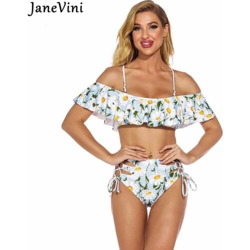 JaneVini One Shoulder Ruffles Bikinis Sets Summer Sunbathing Women Swimwear Strings Daisy Floral Print Two Piece String Femme