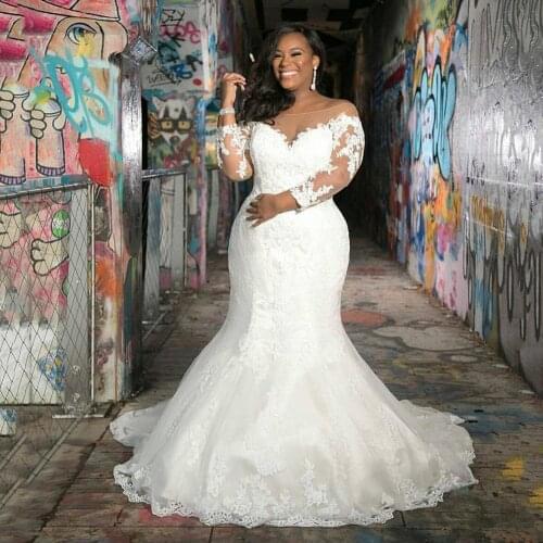 Mermaid Lace Plus Size Wedding Dress Long Sleeves Sheer Scoop Neck Appliques Lace Bridal Gowns Elegent Women Marriage Dress