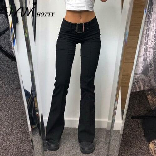 With Belt Skinny Flare Pants Women Casual Solid Basic Leggings Sportswear Outfit Black Low Waist Sweatpants Joggers 90s Iamhotty