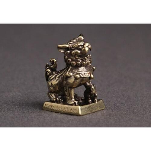 Copper Lion Fortune Seal Home Desktop Small Ornaments Decoration Brass Animal Feng Shui Figurines Miniatures Keychain Pendant