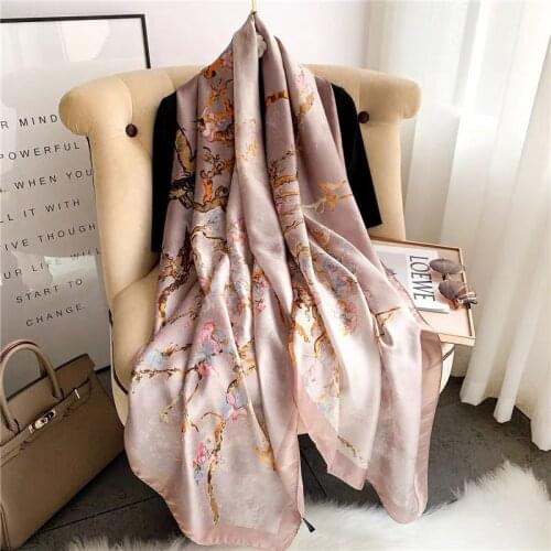 Fashion 2020 Women Silk Scarf Floral Print Summer Pashmina Scarves Luxury Female Beach Shawls and Wraps Lady Foulard Hijab