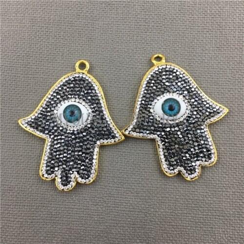 MY0469 Natural Hamsa Hand Shape Brass Pendant, Paved Rhinestone Necklace Making Pendant Charm with Gold Color Edge and Bail