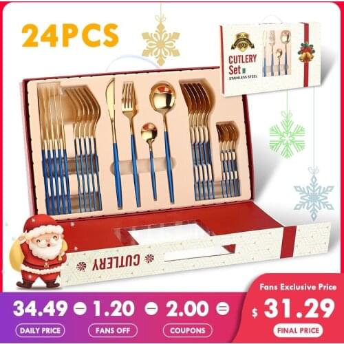 24Pcs Chrismas Dinnerware Set 304 Stainless Steel Tableware Set Family Use Silverware Flatware With Gift Box For Xmas New Year