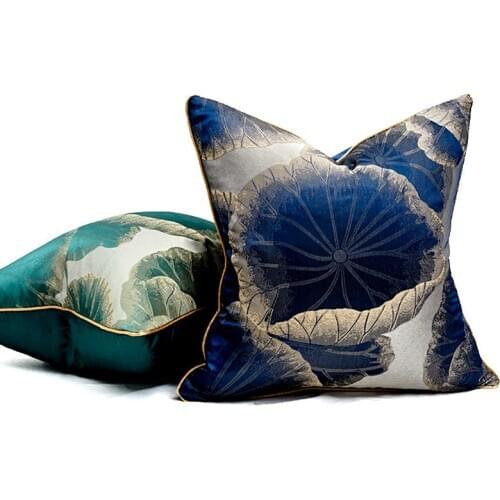 Chinese Style Blue Green Cushion Covers Soft Embroidery Lotus Flower Leaf Pillow Cases Home Decorative for Sofa Car
