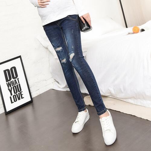 2019 spring real shot pregnant women autumn new fashion hole wearing a self-cultivation maternity pants stretch