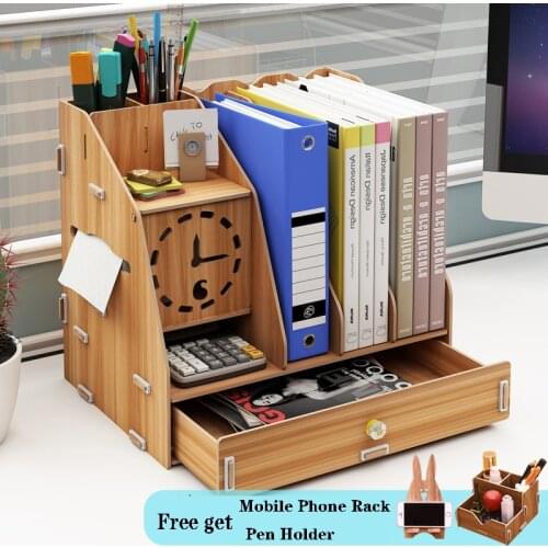 Office Document Trays File Folders Students Stationery Case Desk Book Stand With Pen Holder Assmbled Storage Box Wooden Board