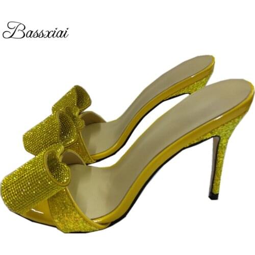 Crystal Rhinestone Butterfly-Knot Sandals For Girls Women 10cm Thin Heels Sexy Open Toe Sequins Runway Mules Lady