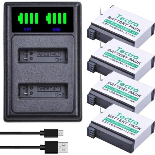3.7V 1600mAh Gopro Hero 4 Li-ion Battery Replacement + LED 2-Slots USB Charger for GoPro HERO4 GoPro AHDBT-401 Action Camera