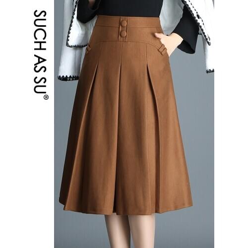 SUCH AS SU New 2020 Women Black Brown Button High Waist Pleated Skirt Autumn Winter S-3XL Size Female Mid-Long Skirt