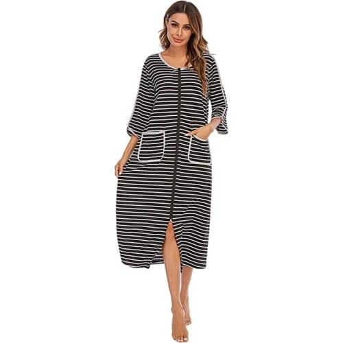 Comfortable Autumn Women Nightgowns Casual Seven-point Sleeve Striped Sleeping Dress