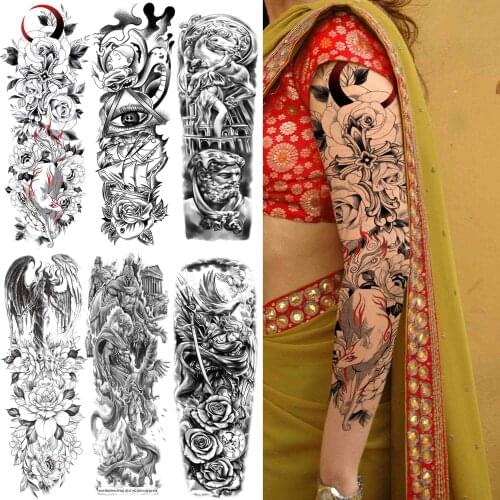 Full Sleeve Moon Flower Temporary Tattoos For Women Men Black Geometry Eye Totem Tattoo Sticker Fake Soldier God Large Tatoo