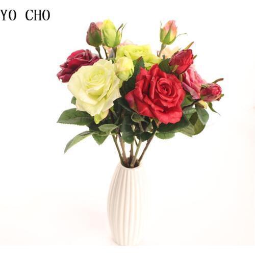 YO CHO White real touch flower wedding bouquet rose flower home decor valentines day gift flower bouquet artificial white rose