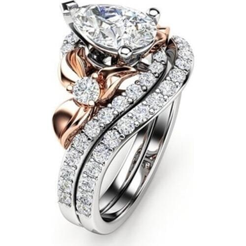 Luxury Flower Ring Set Vintage Geometric Rhinestones Zircon Ring For Women Jewelry Accessories Gift Rose Gold-Color