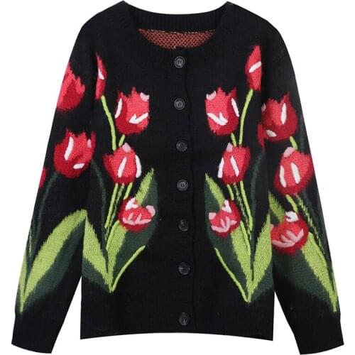 Antique Tulip Flower Embroidery Loose Mohair Knitted Cardigan Womens Autumn Winter New Round Neck Versatile Sweater