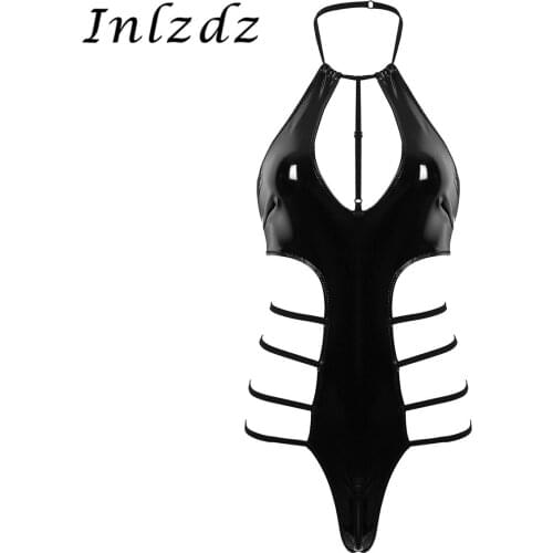 Womens Lingerie Bodysuit Wet Look Patent Leather Erotic Costume Halter Neck Low Back Side Cut Out Leotard Bodysuit Nightwear