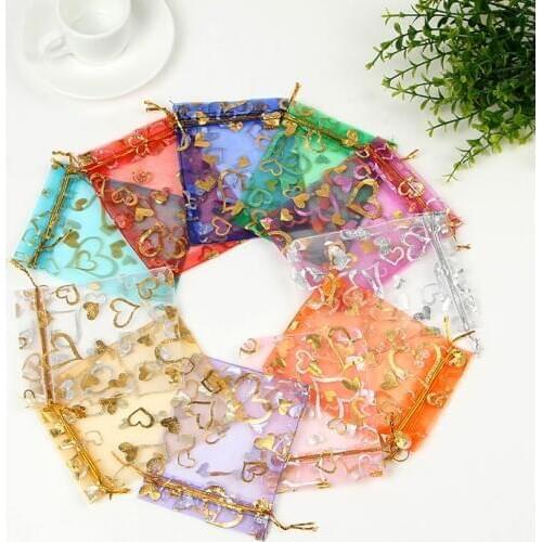 100pcs/lot Small Organza Bags 7x9cm Hearts Design Wedding Jewelry Bag Drawstring Pouch Nice Charms Gifts Jewelry Packaging Bags