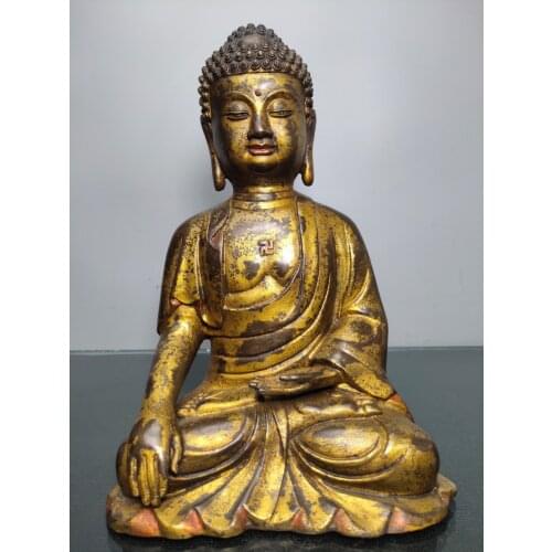 11"Chinese temple collection Old Bronze Lacquer Cinnabar Shakyamuni Buddha Sitting Buddha Ornaments Town House