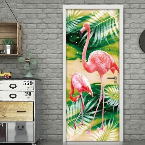 3D Flamingo Door Stickers Waterproof PVC Self Adhesive Wallpaper For Living Room Bedroom Door Decoration Photo Mural Wall Decals