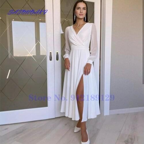 2021 White Chiffon Wedding Dress V-Neck Long Sleeve Side Split Ankle Length Bridal Gown Vestidos De Novia Aliexpress France