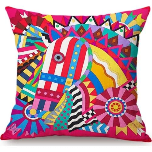European Celebration Animal Horse Home Decorative Cushion Cover Quality Linen Illustration Pillowcase Colorful Bohemian Decor