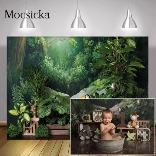 Green Jungle Children Birthday Cake Smash Backdrop Safari Forest Newborn Kids Photo Background Woodland Portrait Photography