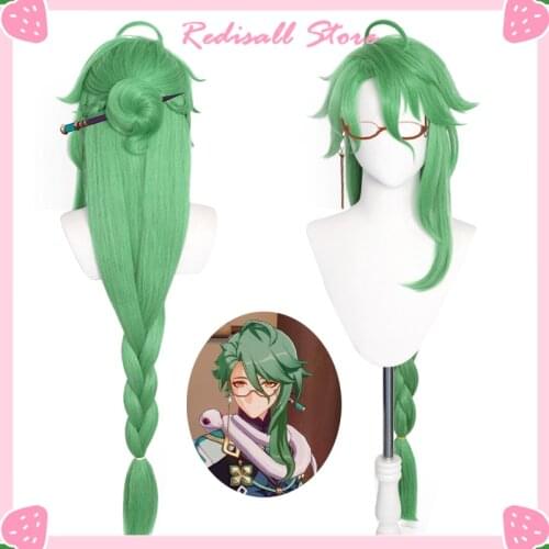 Genshin Impact Cosplay BAIZHU Wig Removable Bun Green 100cm Long Braided Ponytail Heat Resistant Hair Role Play