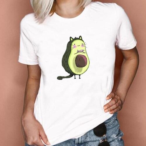 Kawaii Avocado Cat Print Tee Shirt Femme Summer Casual Short Sleeve T Shirt Women Tops Fashion Harajuku T-shirt Camiseta Mujer