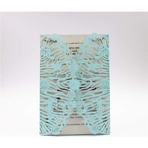 Sea Theme Sea Horse Romantic Graceful Laser Cut Pocket Wholesale Wedding Invitation Cards RC118-221 Made of Glossy Pearl Paper