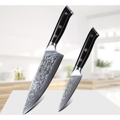 TURWHO 2 PC Damascus Steel Japanese Kitchen Knife Set 8 inch chef Knife + 3.5 inch Utility Knife Stainless pro Cooking tools