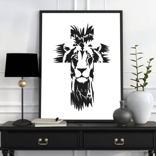 Lion of Judah Cross Prints Christian Wall Art Canvas Painting Black White Picture Jesus Scripture Posters Home Decor