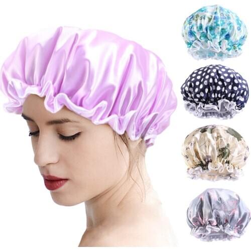 Waterproof Shower Caps Satin Bath Hair Cover Women Double Layer Bathing Hat Salon Make Up Thick Headwear
