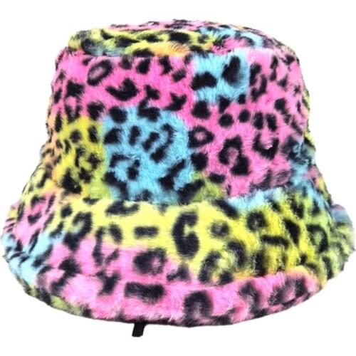 Unisex Leopard Pattern Plush Material Flat Tie Dye Style Bucket Hat For Warm Keeping And Wind Protection In Winter Autumn