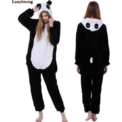 Cute Cartoon Panda Pajamas Winter Hooded Onesie Adults Women Animal Unicorn Nightie Kigurumi Sleepwear Fleece Overalls Jumpsuit