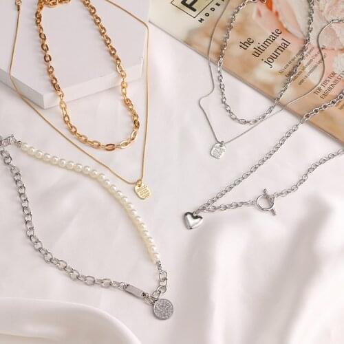 KISS WIFE Vintage Multilayerd Pearl Simple Necklace For Women Heart Coin Pendant Chain Necklace 2021 Trend Fashion Jewelry Gifts