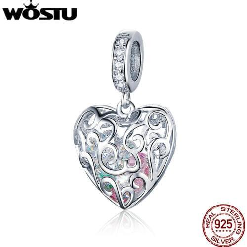 WOSTU 925 Sterling Silver Love Heart Lucky Charm CZ Bead Fit Original Bracelet Bangle Pendant Charms For Jewelry Making CQC1126