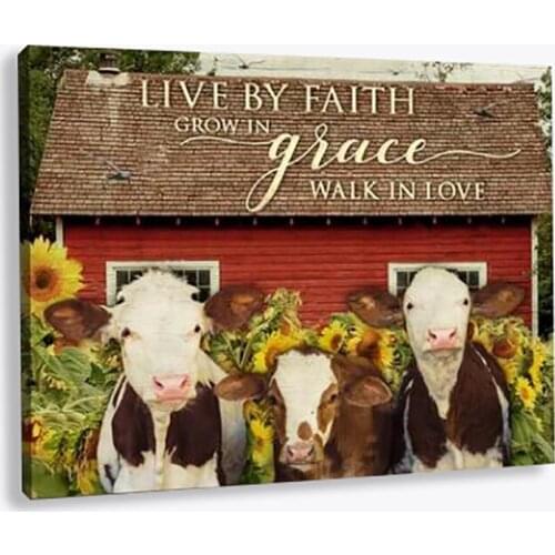 Rustic Poster Sunflower Animal Cows Canvas Live By Faith Painting Pictures Wall Art Print Room Poster For Office Livingroom Home