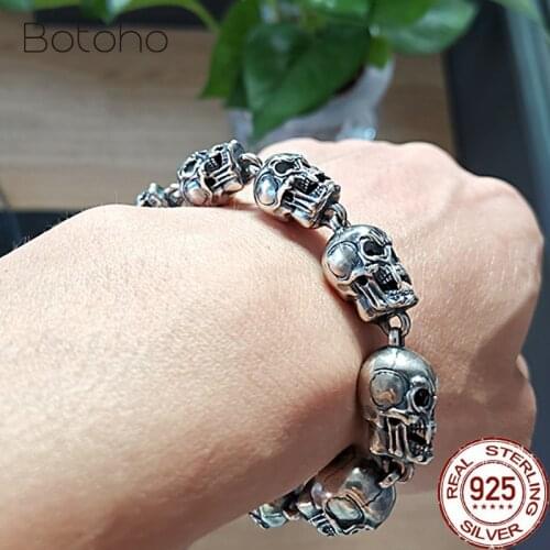 Real 100% 925 Sterling Silver Bracelet Skull and silver Retro Rock Hip-Hop Bracelet Thai Silver Punk Bracelet Jewelry Best Gifts
