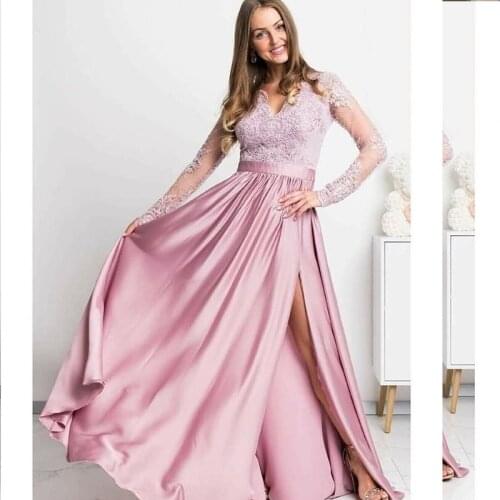 Evening Dress Pink 2021 Long Sleeve Lace Appliques V-Neck Floor Length Crystal Beaded Sexy Side Slit Women Formal Party Gowns