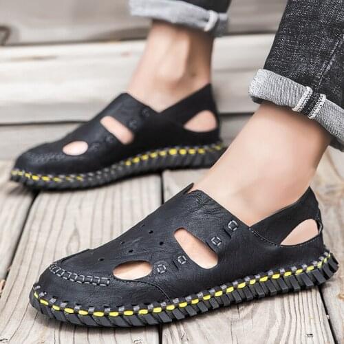 Summer Baotou mens sandals leather driving leather sandals soft bottom non-slip beach hollow hole Mens shoes 38-45