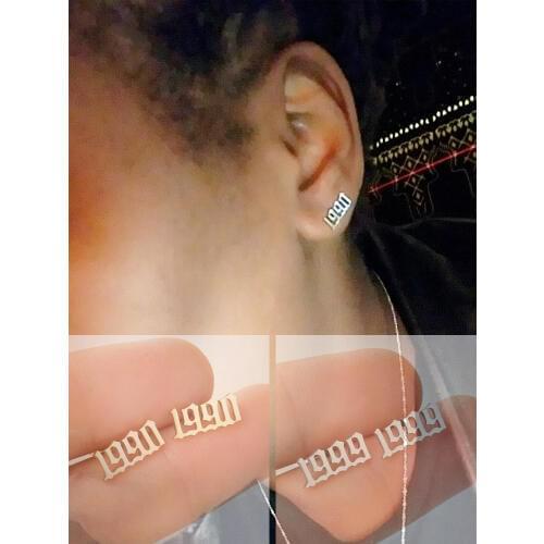 Sasusp Personalize Stainless Steel Year Number Earrings 1980 to 2010 Earrings For Women Old English Custom Ear Studs For Men