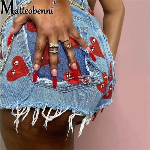 Sexy Heart Print Ripped Tassel Jean Shorts Women Casual Summer Fashion 2021 Streetwear Fur-Lined All-match Slim Denim Shorts