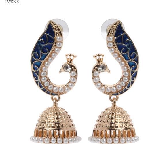 Retro Indian Bollywood Gold Pearl Blue Peacock Jhumka Jhumki Drop Earrings Gypsy Jewelry For Women
