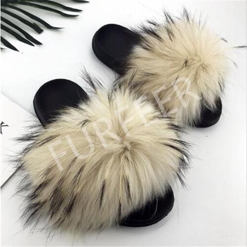 New Womens Summer Real Raccoon Fur Slippers Warm Fox Fur Home Shoes Women Fur Slides Ladies Fluffy Furry Sandals Fur Flip Flops