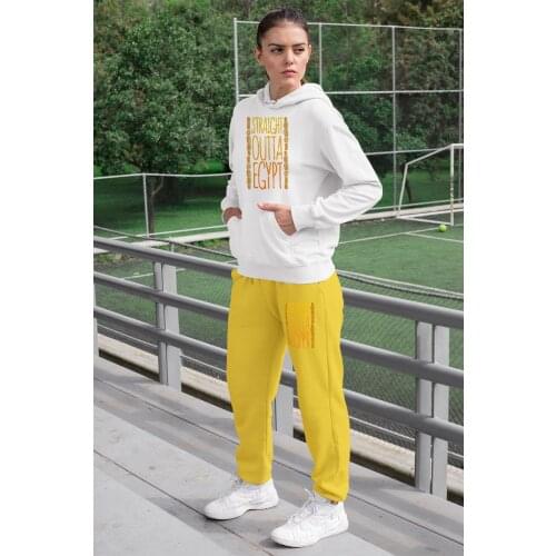Angemiel Wear Straight Outta Egypt Women Tracksuit Set White Hooded Sweatshirt Yellow Sweatpants