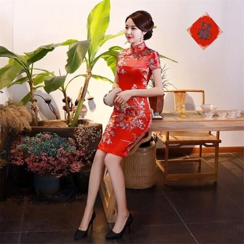 Womens Spring Summer Short Paragraph Improved Plus Size Short-Sleeved Peacock Costume Cheongsam Dress Chinese Cheongsam Qipao