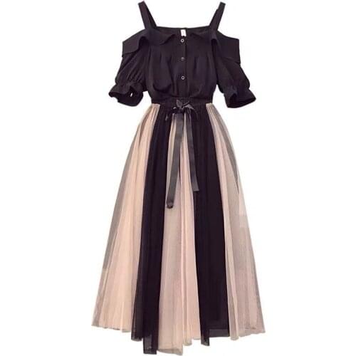 Women Spring Leisure Korean Summer Dress Suspenders Slash Neck Ruffles Puff Sleeve Elegant Temperament Ladies Midi Dress