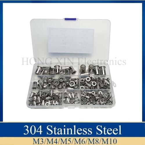 165Pcs Stainless Steel Rivet Nut M3 M4 M5 M6 M8 M10 Rivnut Flat Head Threaded Rivet Insert Nutsert Cap Rivet Nut